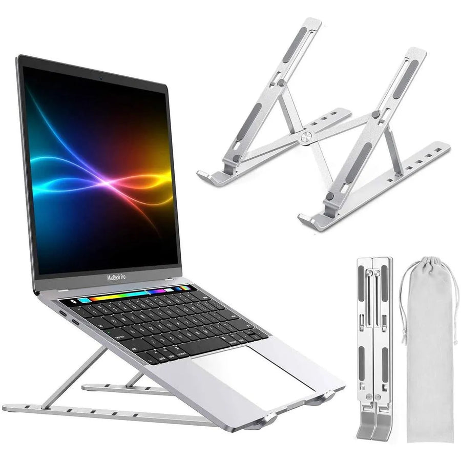 Adjustable FS AURA premium laptop stand with sleek design and sturdy build, supporting laptops at ergonomic heights.