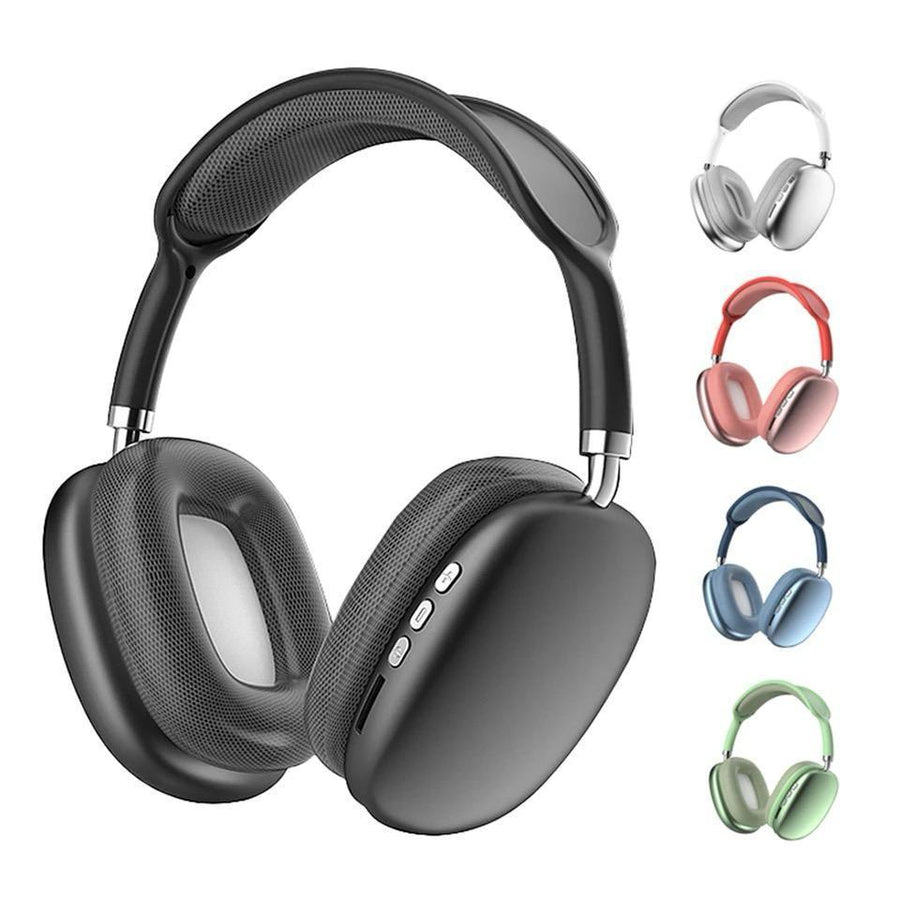 FS AURA P9 wireless Bluetooth 5.3 headphones with RGB LED lighting and deep bass sound, shown from a front view.